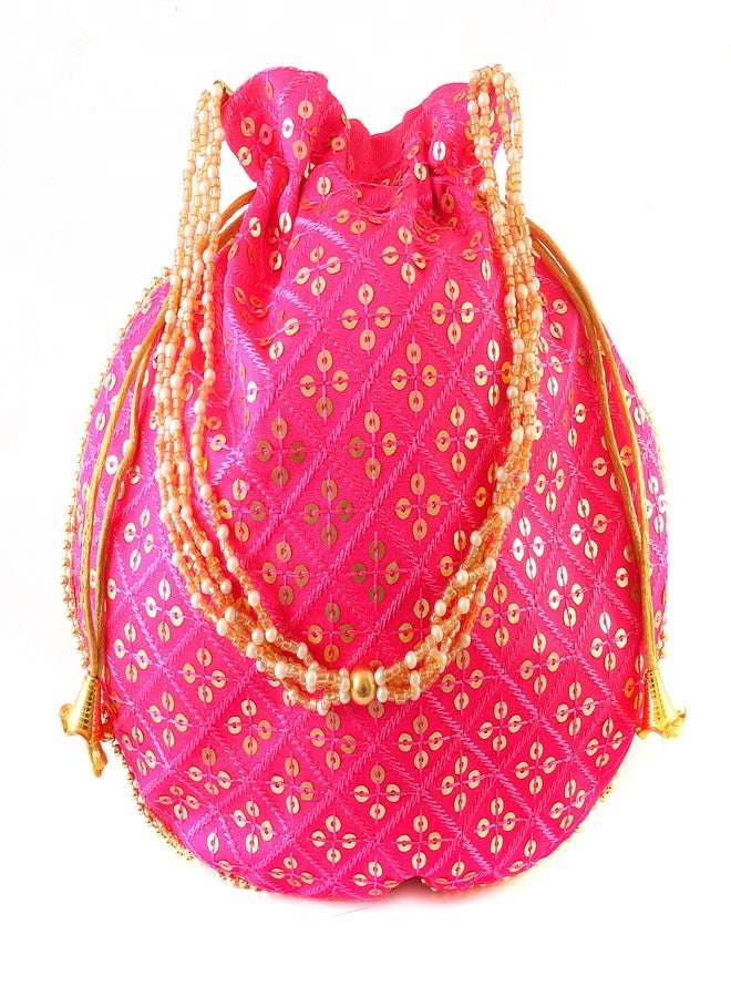 BINORI Traditional Sequins Potli Combo Drawstring Bags with Pearl Handle, Floral Embroidered Design (Pack of 5) - Image 4
